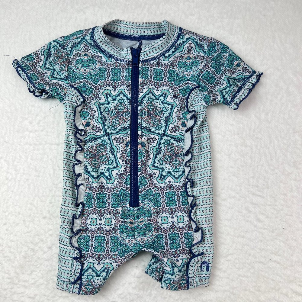 Cabana Life Infant Girl Swim Suit Sz 3/6M Aqua White Peach Zip Front Nylon
